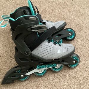 Teal roller blades with matching helmet